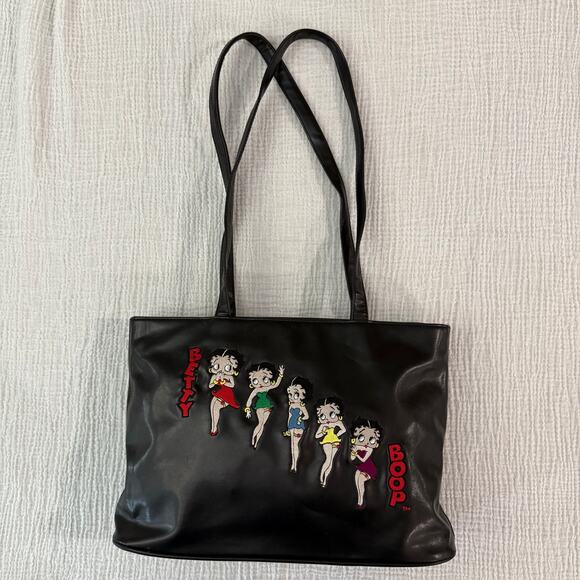 Betty Boop Shoulder Bag Tote Black Embroidered Double Handle Zip Closure - Picture 16 of 16